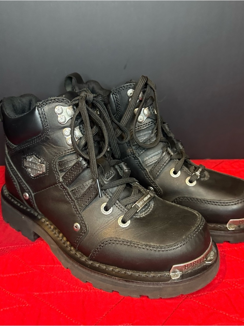 Harley-Davidson Black Motorcycle Lace-Up Boots with Silver Accents